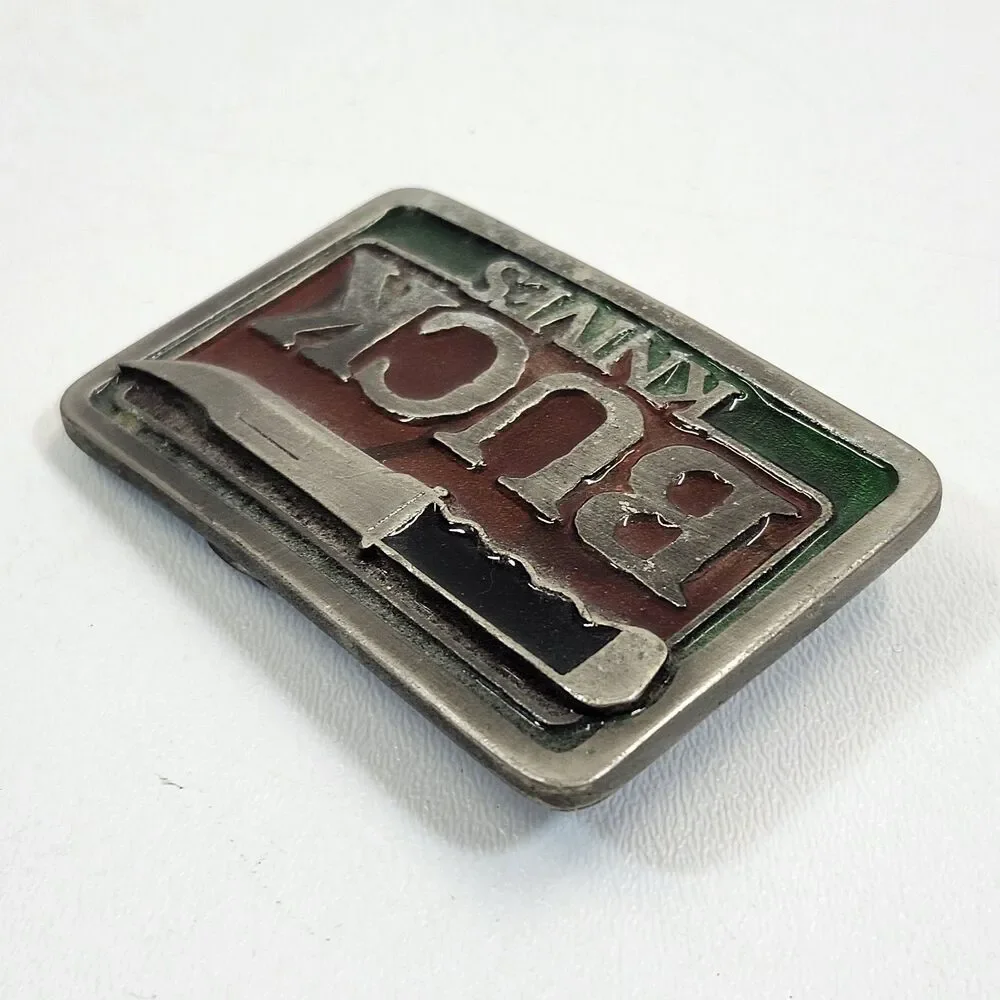 Buck Knives Belt Buckle Fixed Blade Knife Advertising Vintage Enamel Front 2320